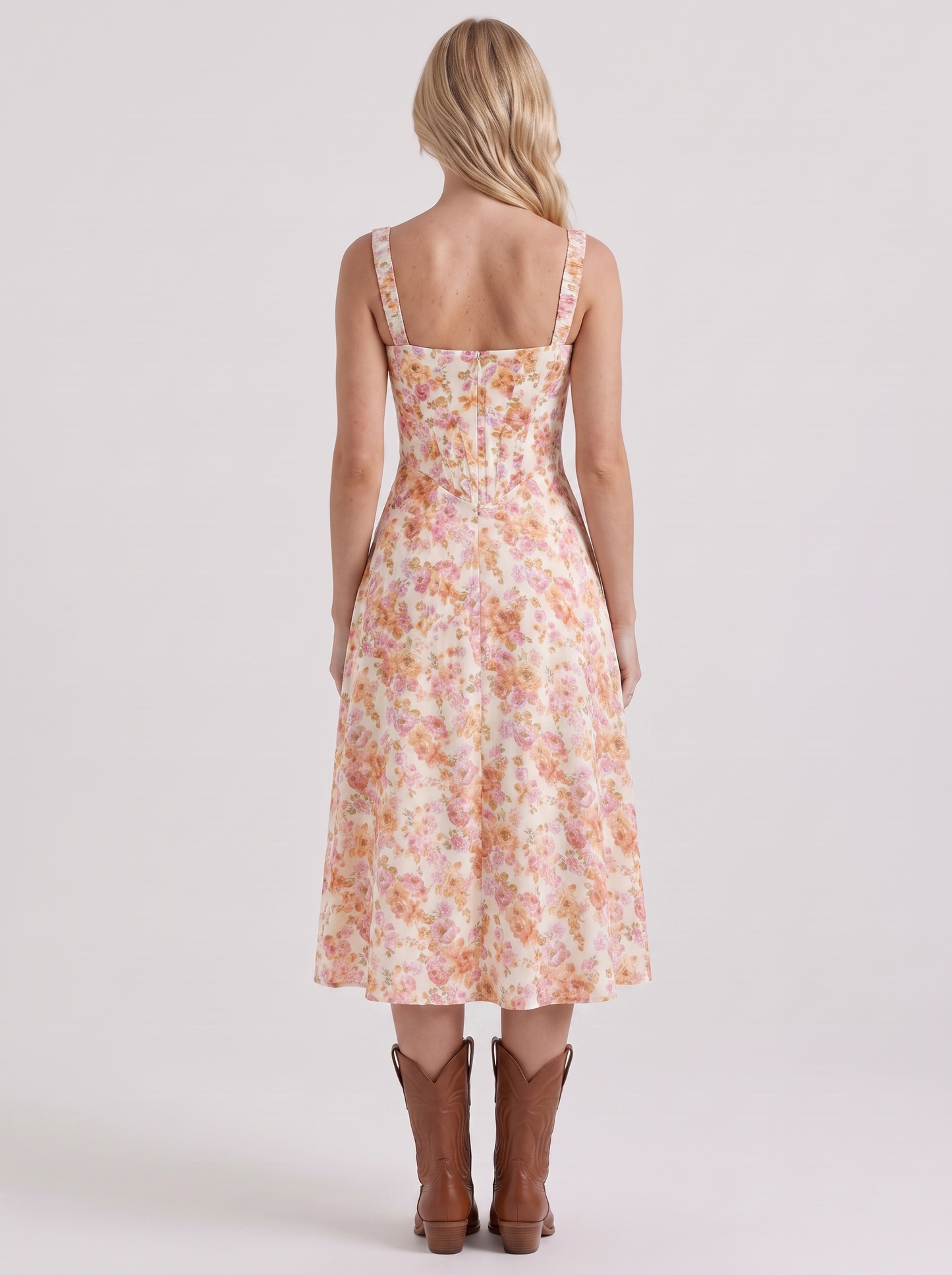 Women pink midi dress with floral print and corset bodice