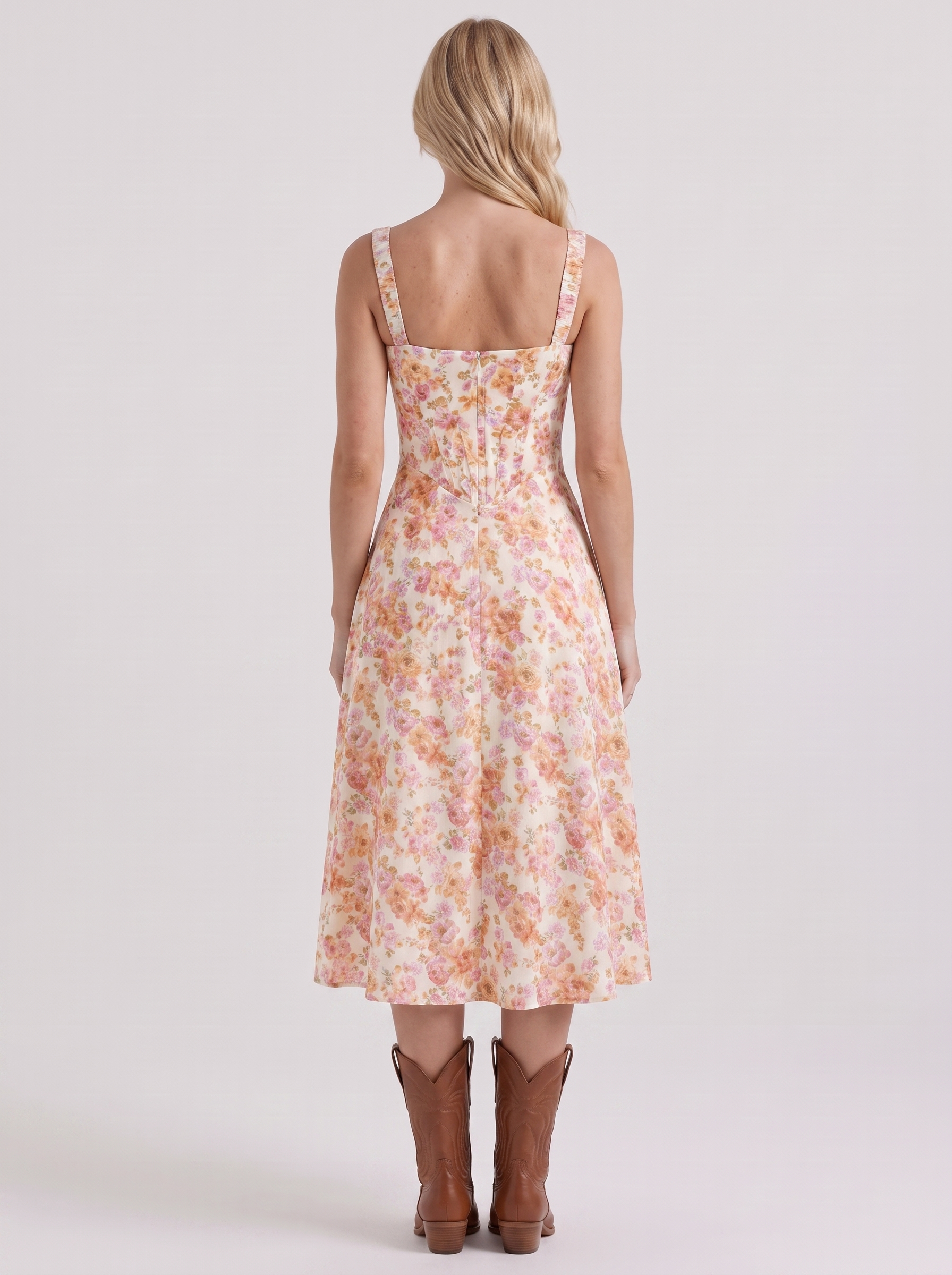 Women pink midi dress with floral print and corset bodice