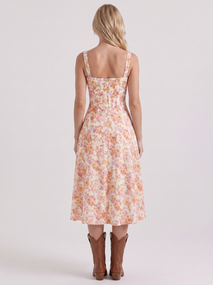 Women pink midi dress with floral print and corset bodice