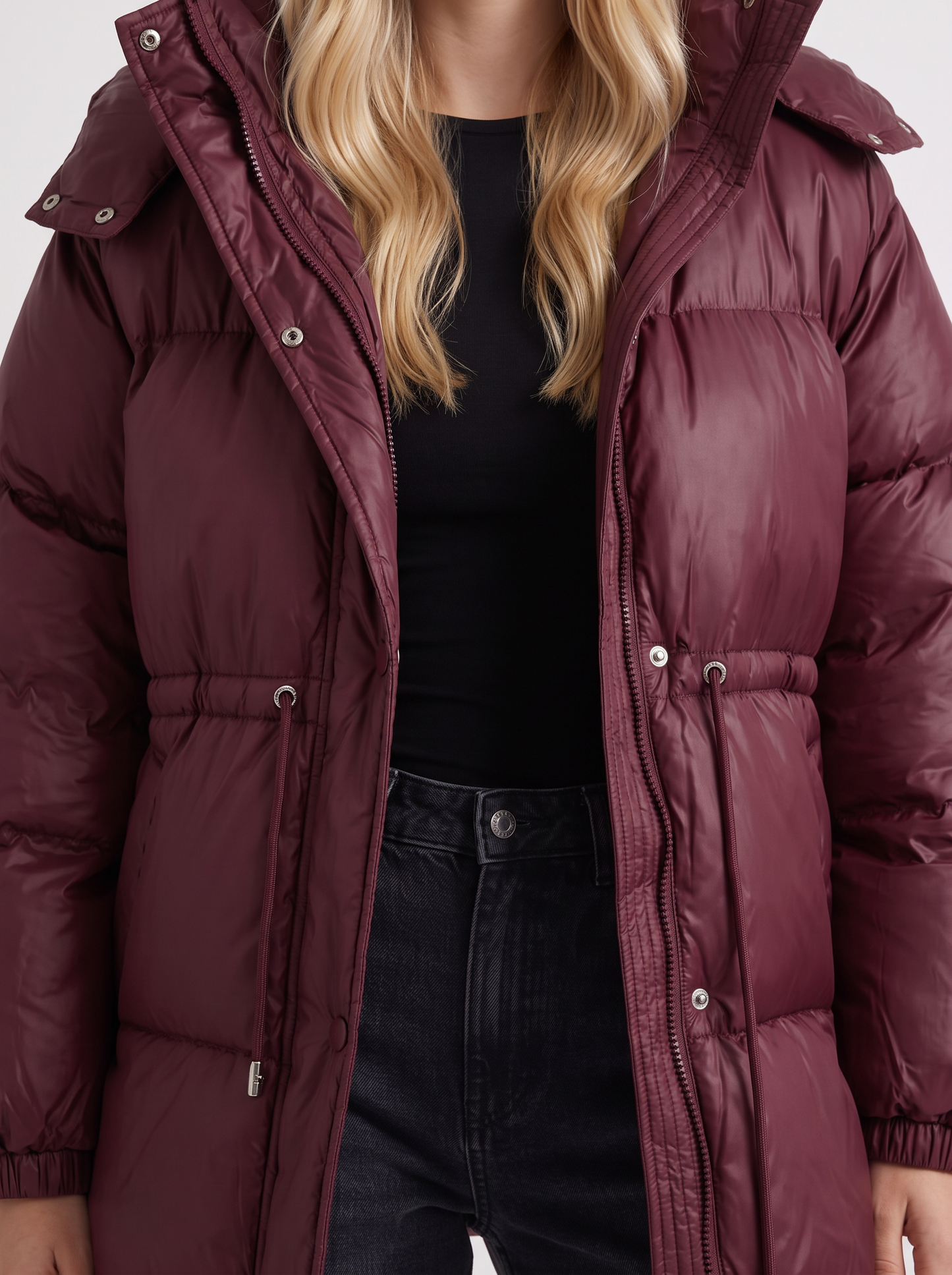 Women wine red jacket with hooded design and zip front closure