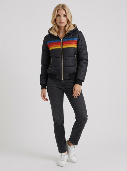 Women black jacket with sherpa lined hood and striped chest panel
