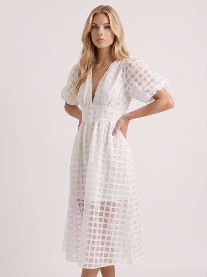 Colette Windowpane Midi Dress in White - midi dress front view