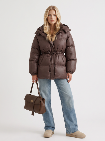 Women brown jacket with hooded design and zip front closure