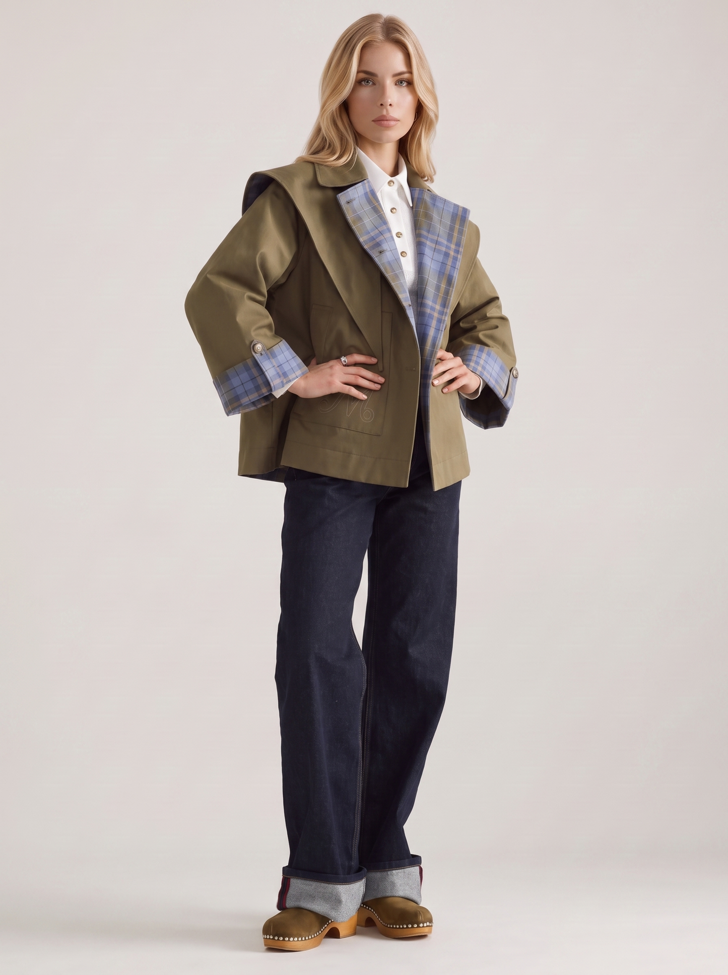 Cecily Cape Jacket in Olive - jacket front view