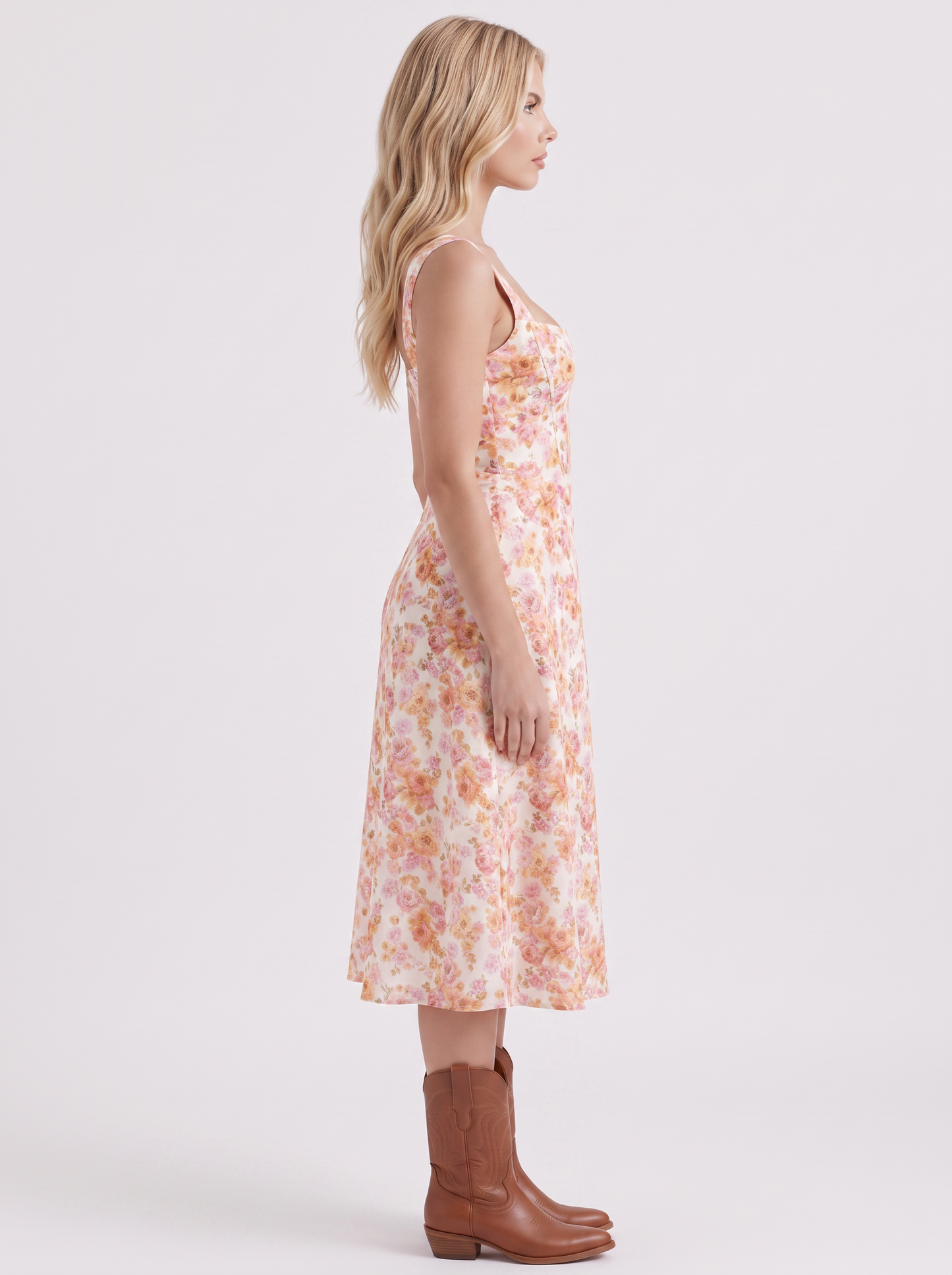 Women pink midi dress with floral print and corset bodice