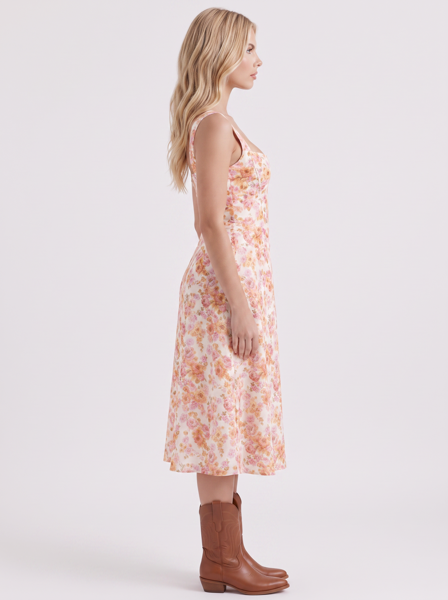 Women pink midi dress with floral print and corset bodice