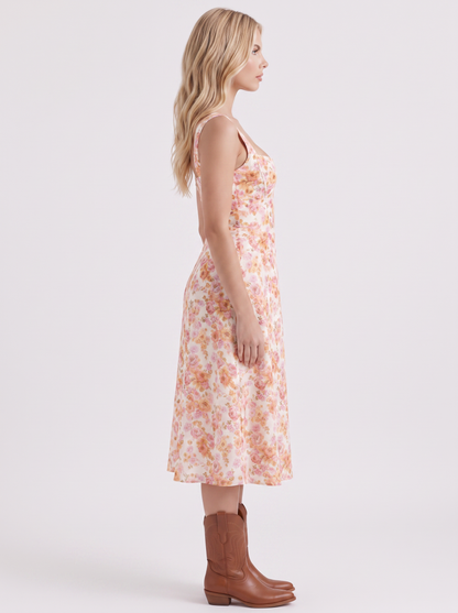 Women pink midi dress with floral print and corset bodice