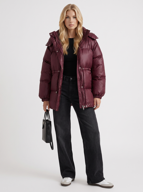 Women wine red jacket with hooded design and zip front closure