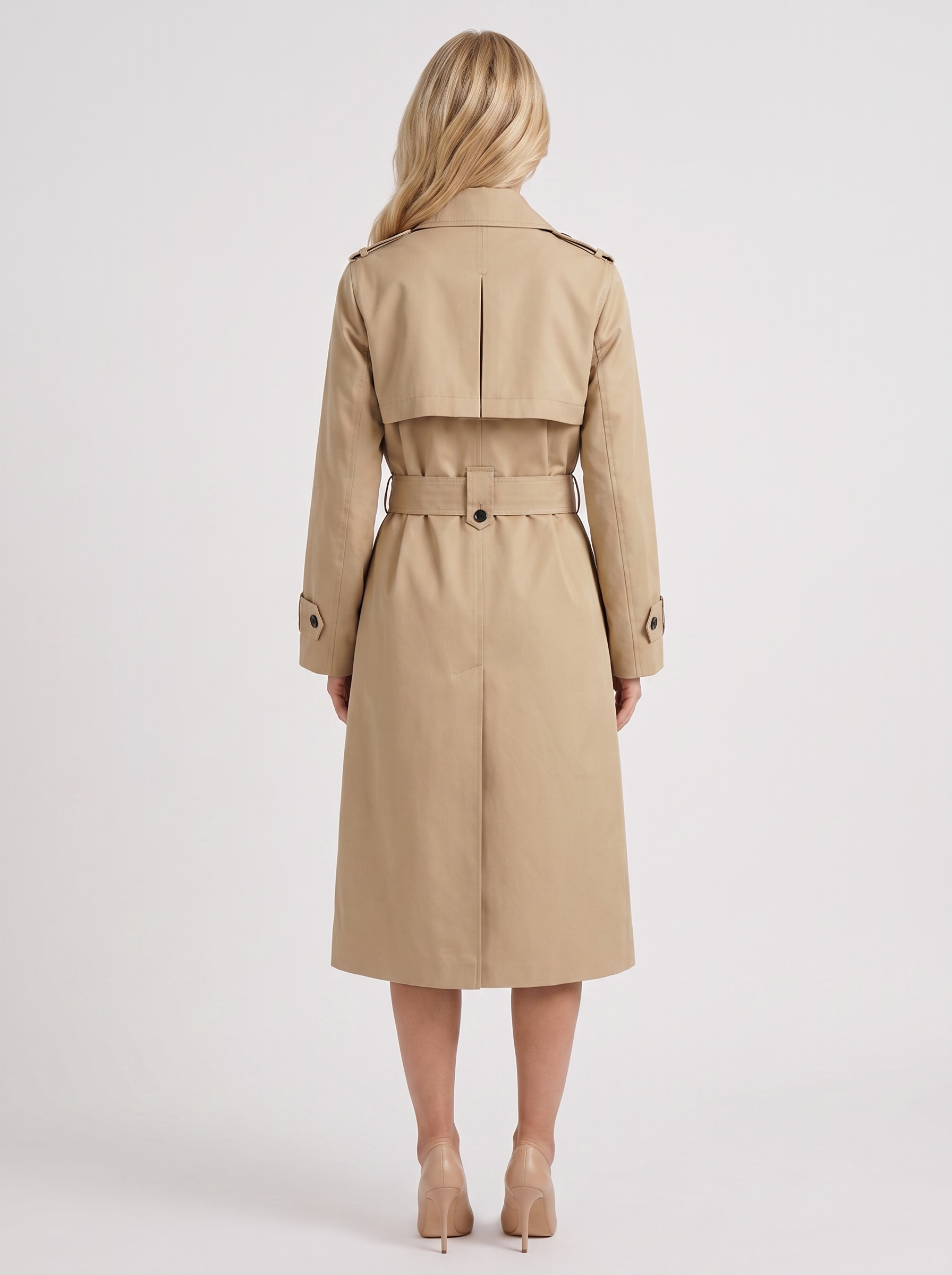 Women beige trench coat with double breasted front and collar and epaulettes