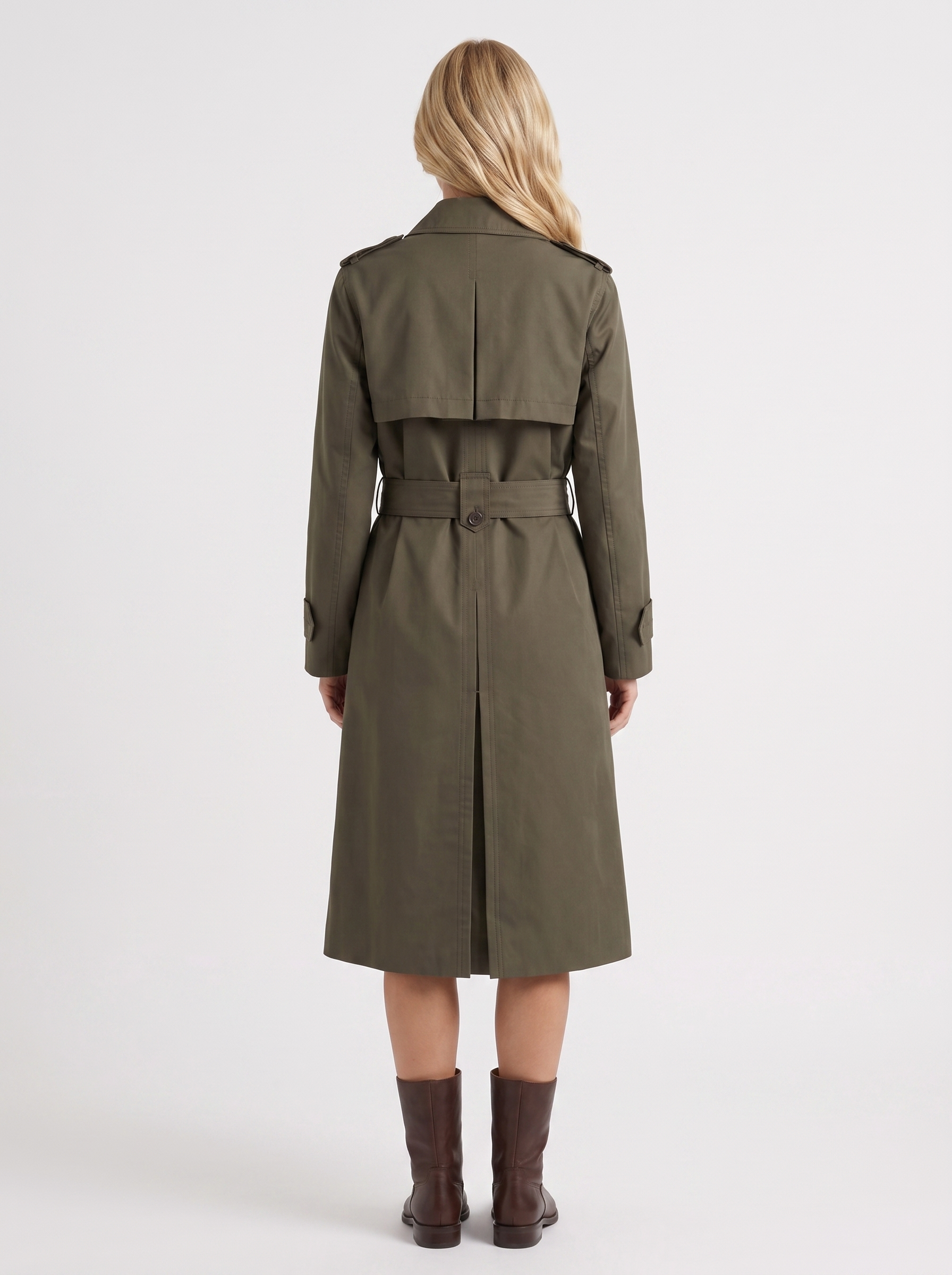 Women dark green trench coat with double breasted front and collar and epaulettes