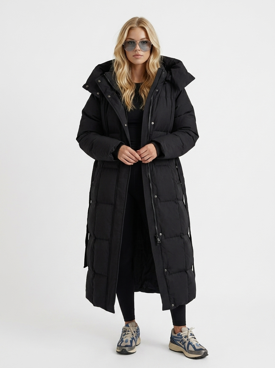 Women black coat with vertical quilting and hooded design