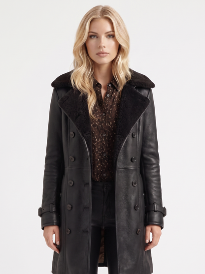 Women black coat with shearling collar and double breasted front