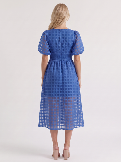 Colette Windowpane Midi Dress in Blue - midi dress front view