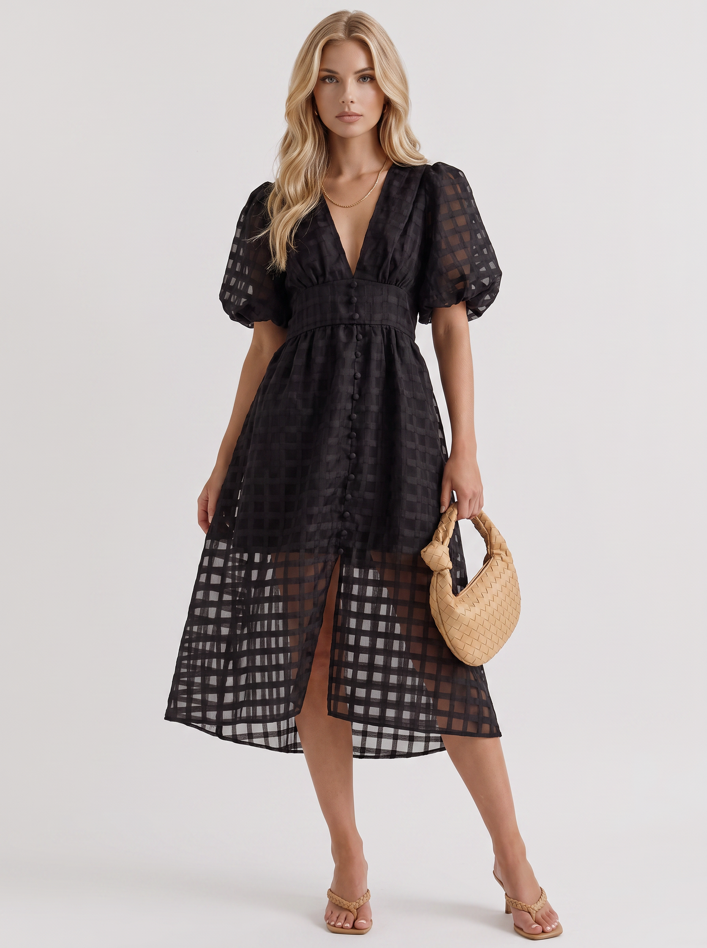Colette Windowpane Midi Dress in Black - midi dress front view