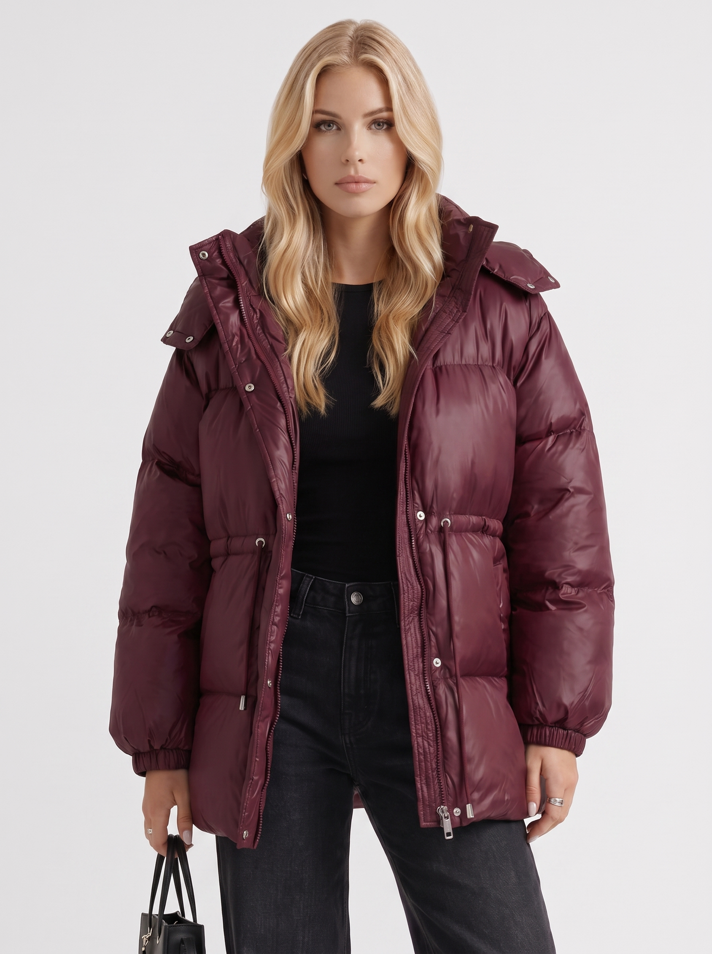 Women wine red jacket with hooded design and zip front closure