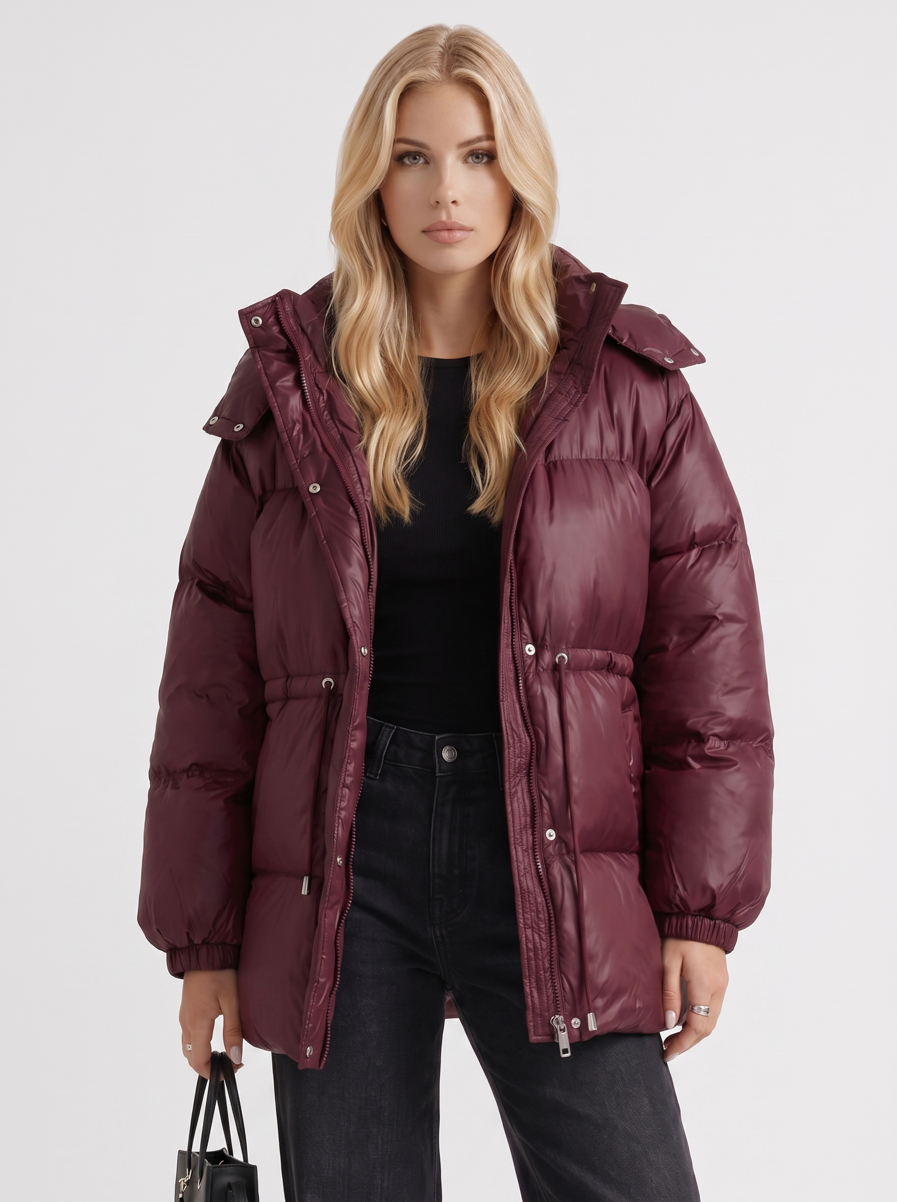 Women wine red jacket with hooded design and zip front closure