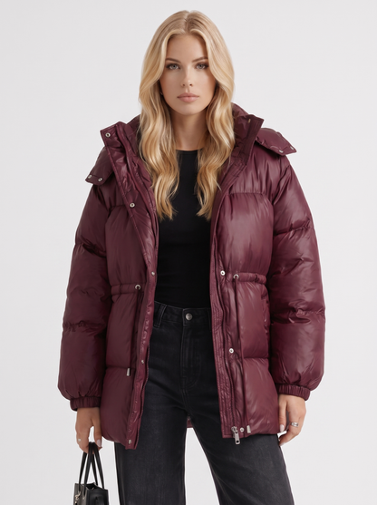 Women wine red jacket with hooded design and zip front closure