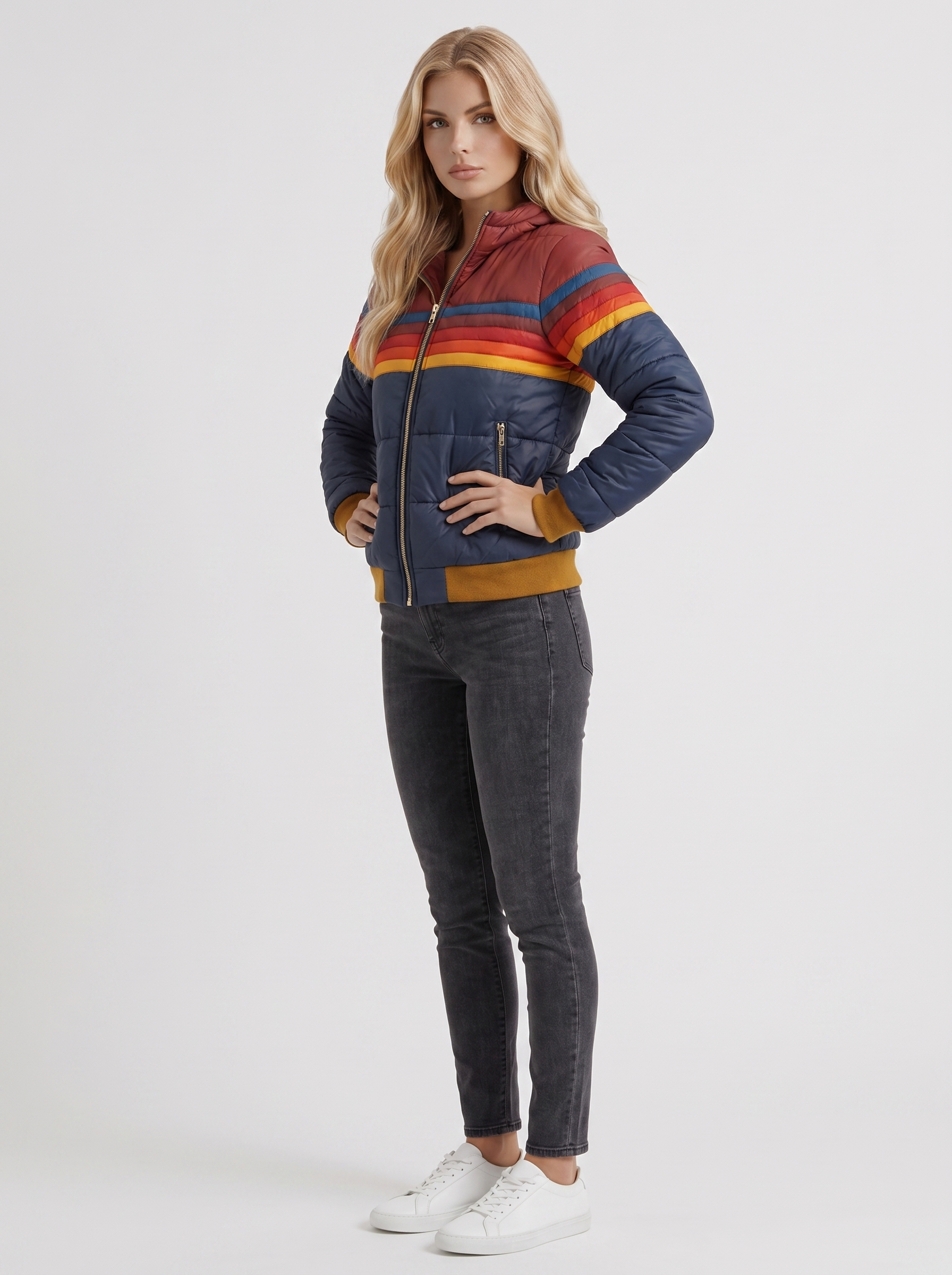 Women navy blue jacket with sherpa lined hood and striped chest panel