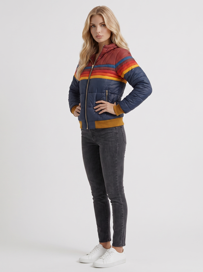 Women navy blue jacket with sherpa lined hood and striped chest panel