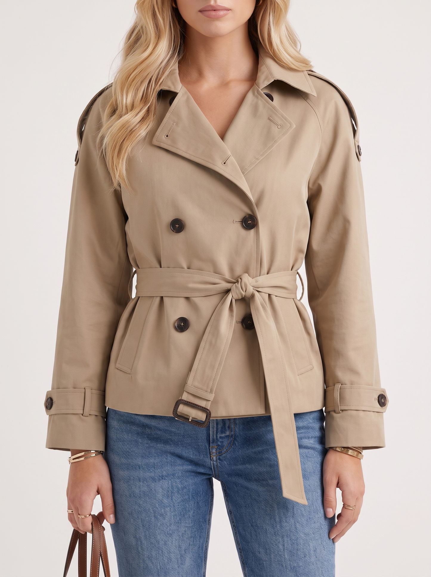 Yara Belted Trench in Khaki - coat front view