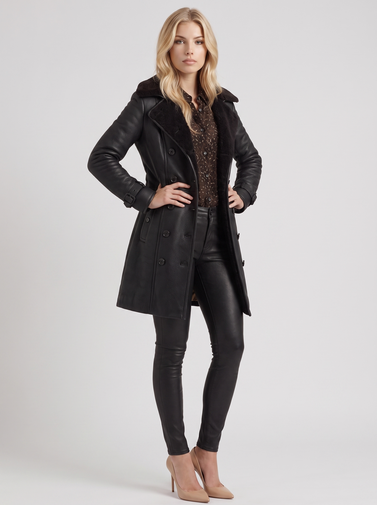 Women black coat with shearling collar and double breasted front