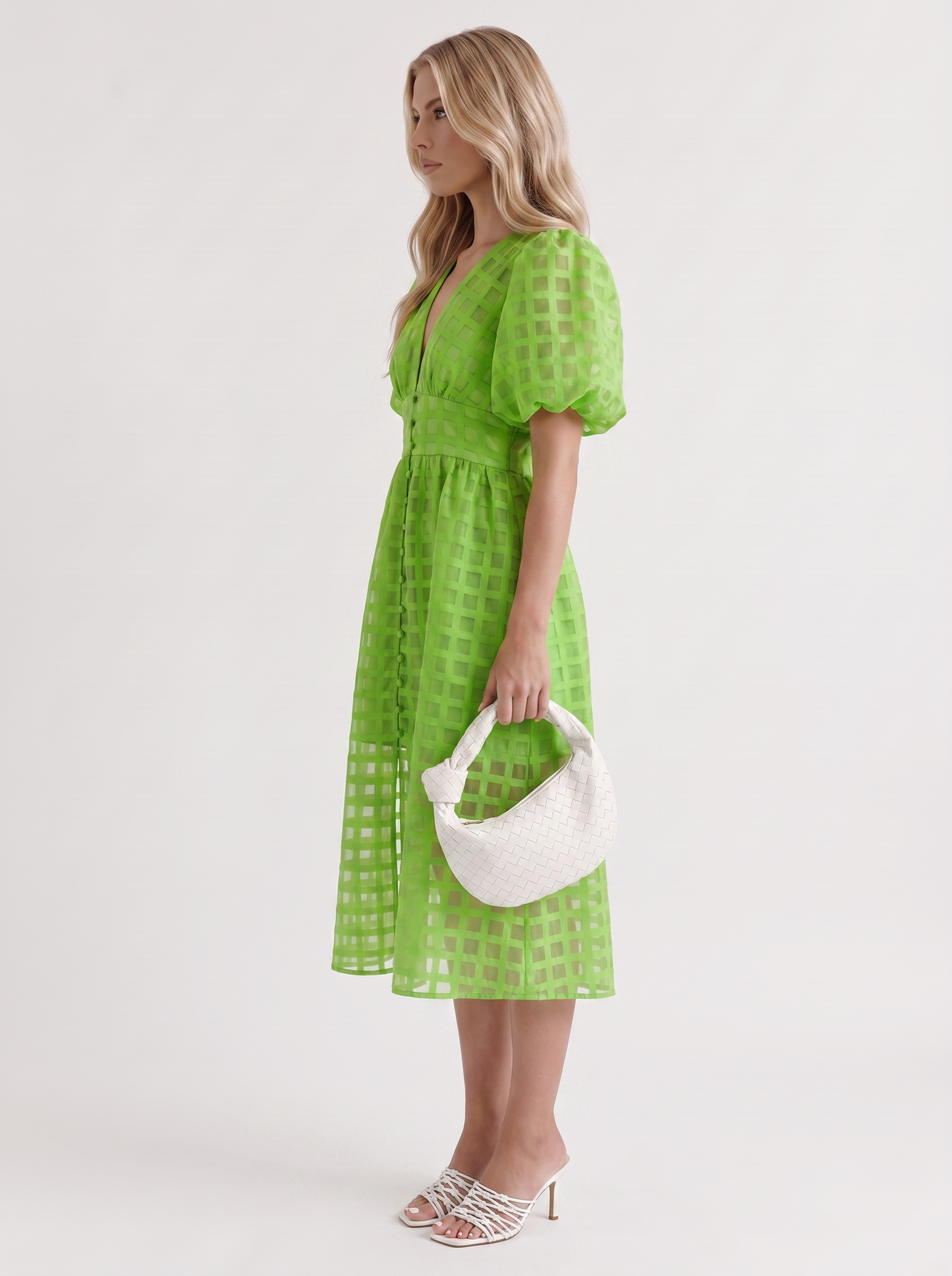 Colette Windowpane Midi Dress in Green - midi dress front view