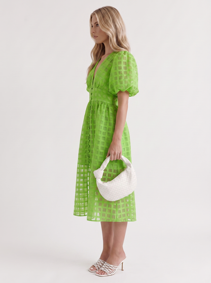 Colette Windowpane Midi Dress in Green - midi dress front view