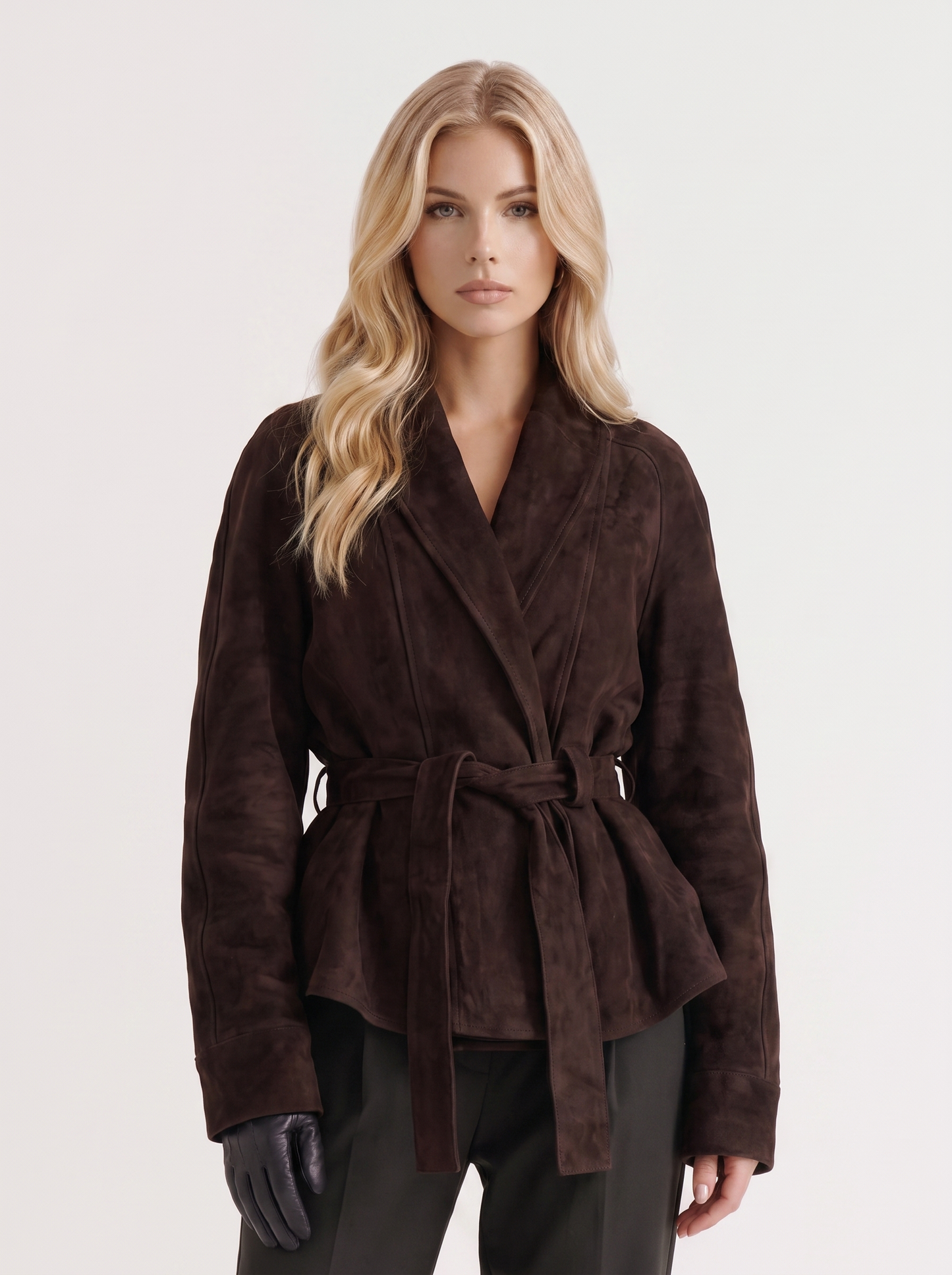 Women dark brown jacket with shawl collar and wrap front