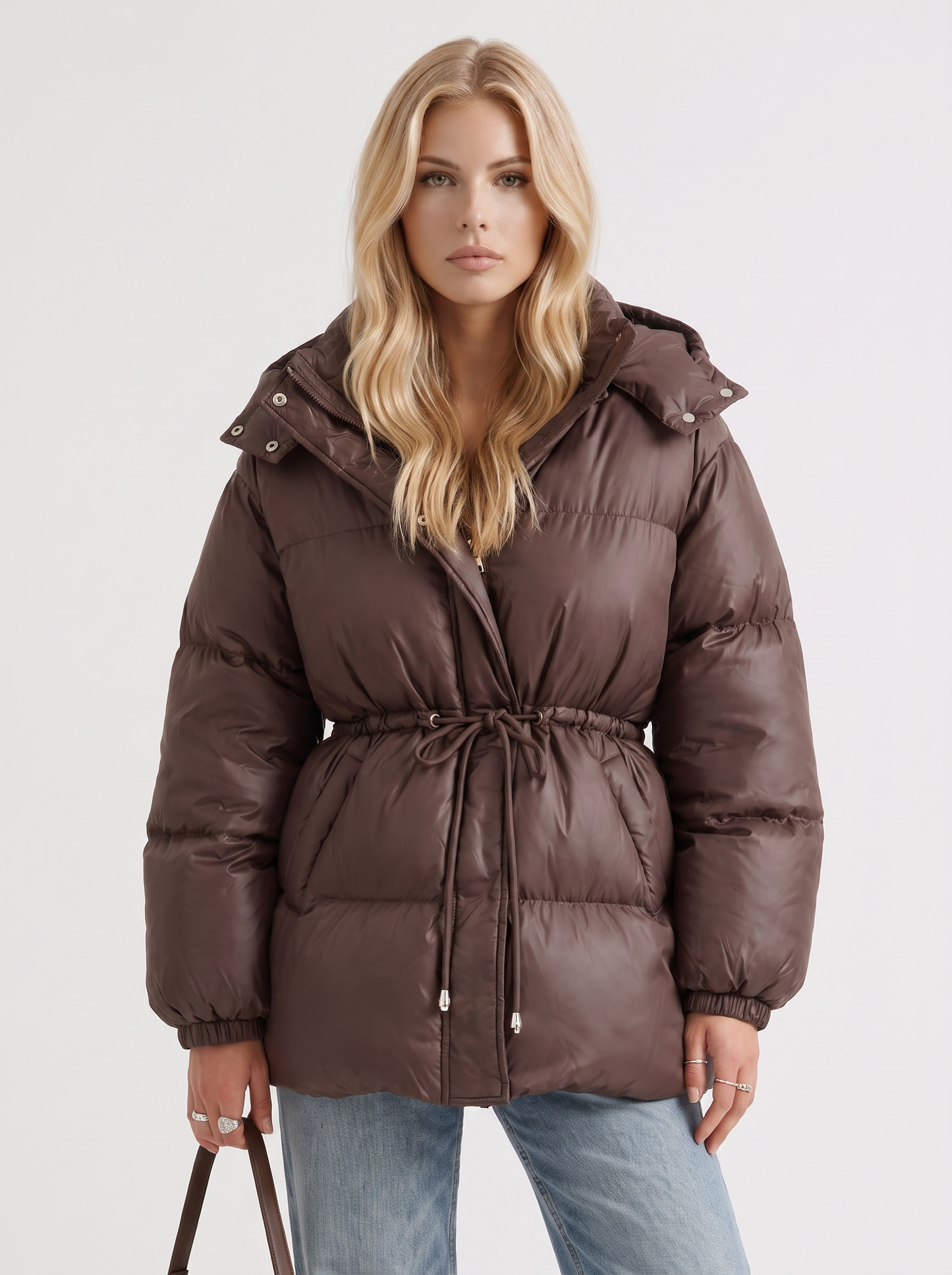 Women brown jacket with hooded design and zip front closure