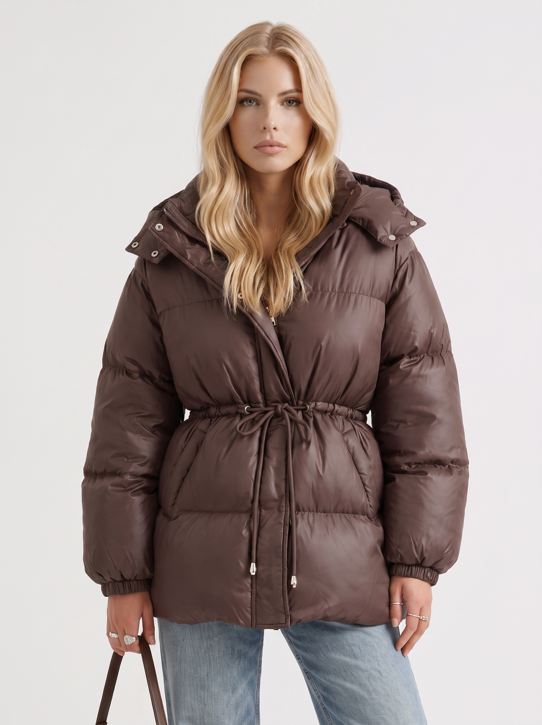 Women brown jacket with hooded design and zip front closure