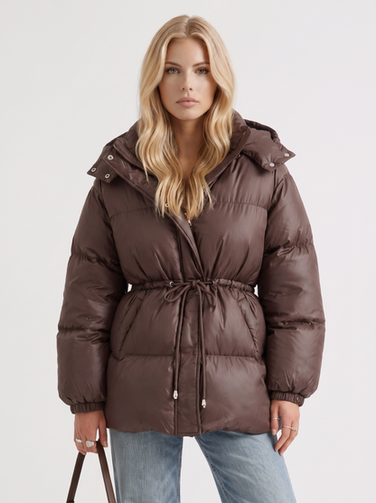 Women brown jacket with hooded design and zip front closure