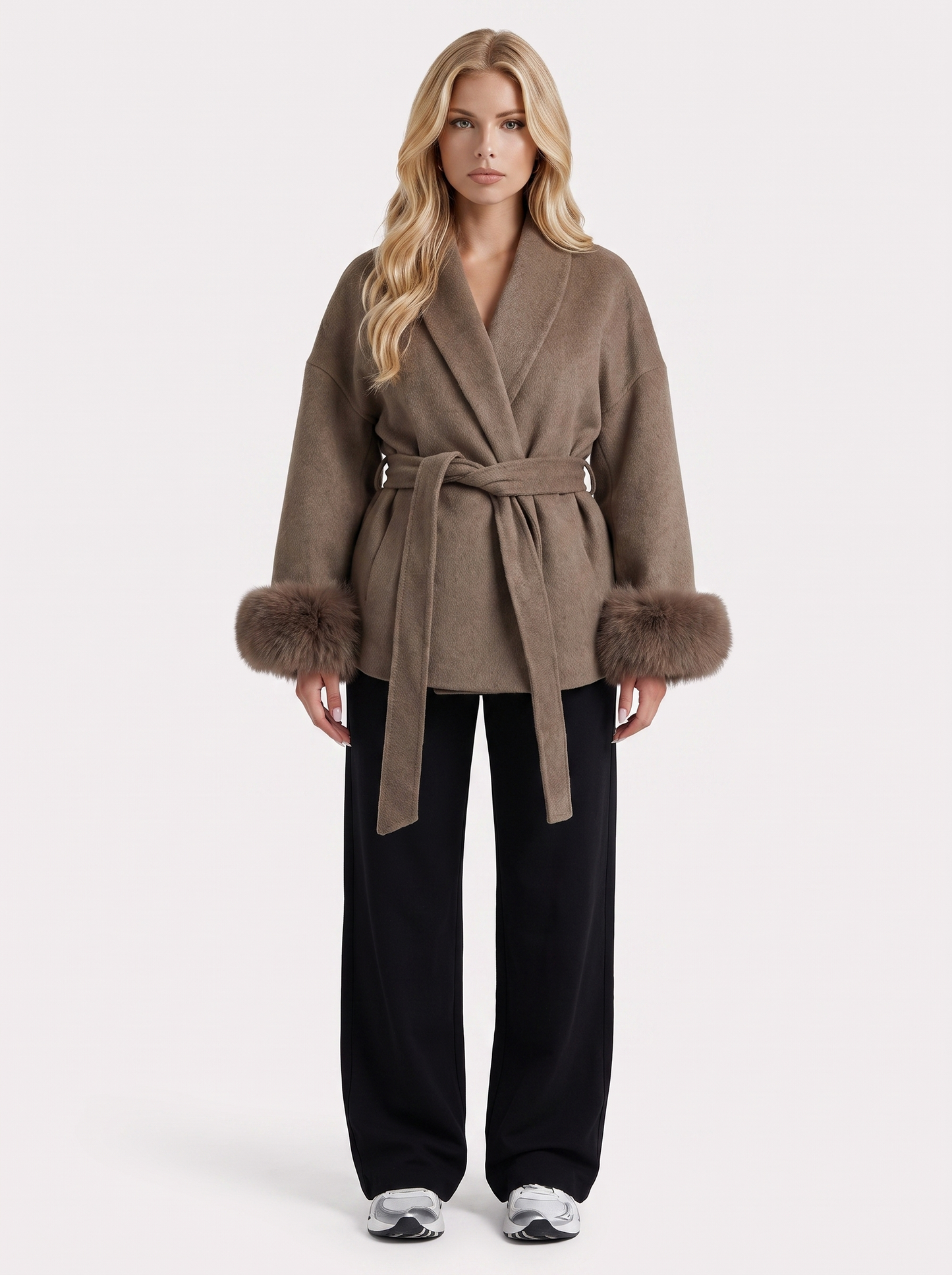 Women brown wool blend wrap jacket with shawl collar, tie belt and faux fur cuffs, front view