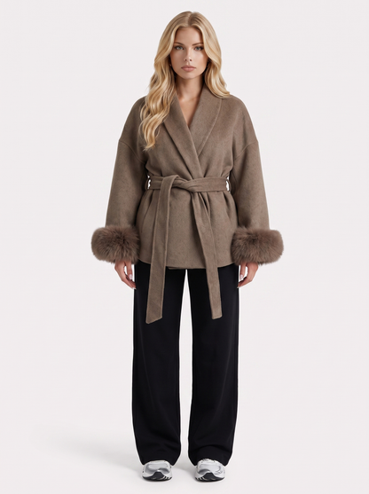 Women brown wool blend wrap jacket with shawl collar, tie belt and faux fur cuffs, front view