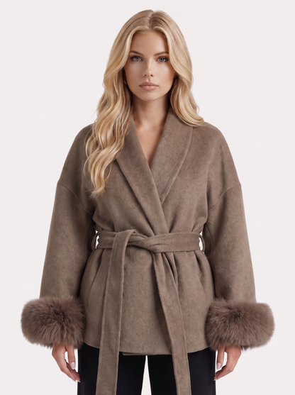 Women brown wool blend wrap jacket with shawl collar, tie belt and faux fur cuffs, front detail