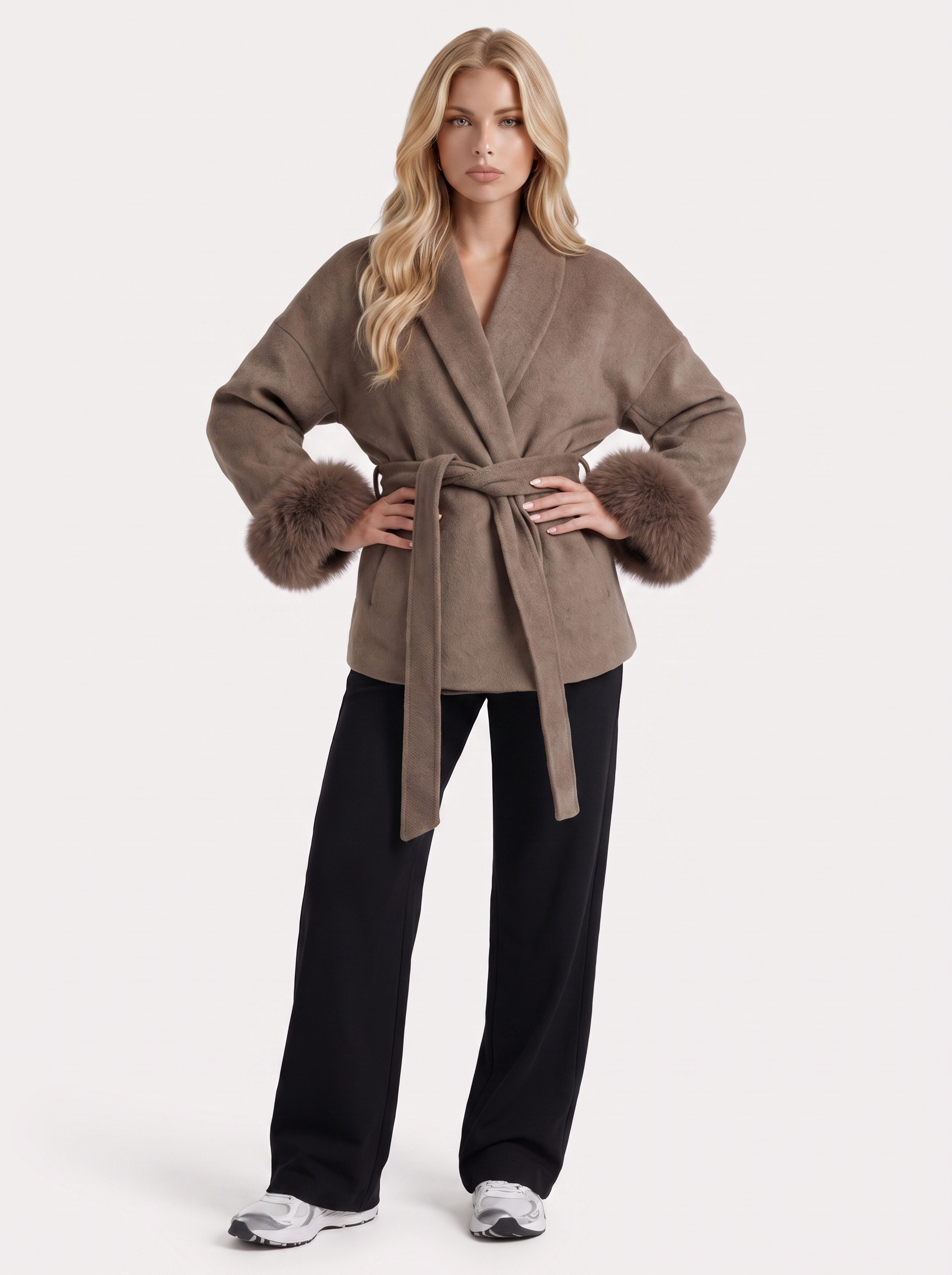 Women brown wool blend wrap jacket with shawl collar, tie belt and faux fur cuffs, three quarter view