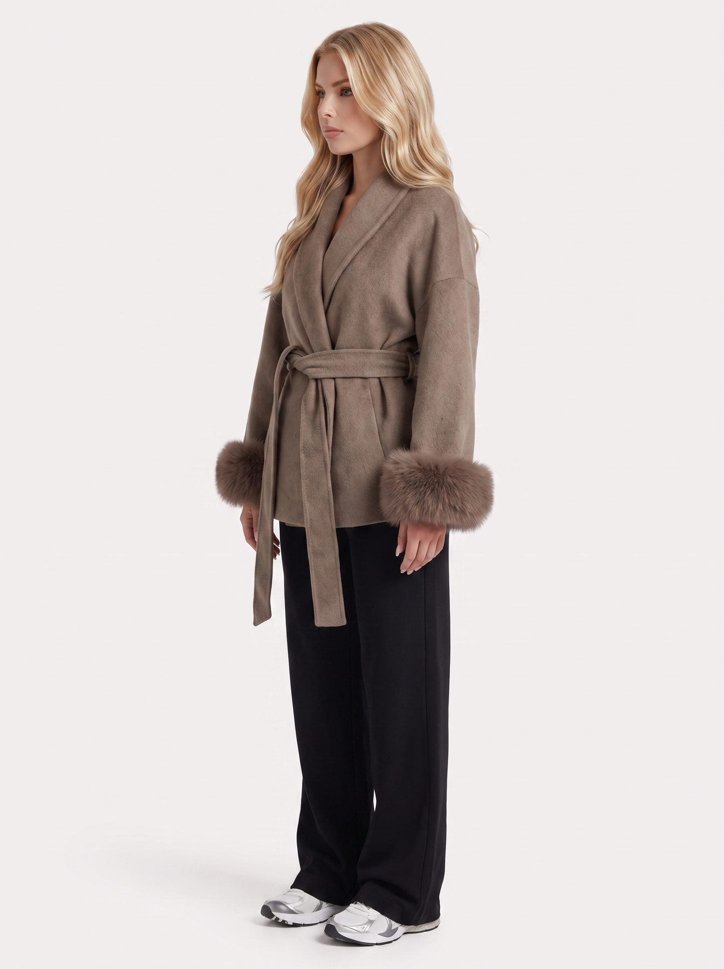 Women brown wool blend wrap jacket with shawl collar, tie belt and faux fur cuffs, side view