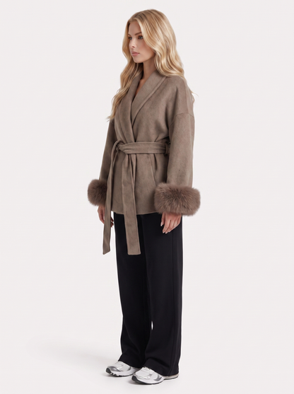 Women brown wool blend wrap jacket with shawl collar, tie belt and faux fur cuffs, side view