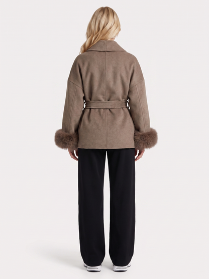 Women brown wool blend wrap jacket with shawl collar, tie belt and faux fur cuffs, back view