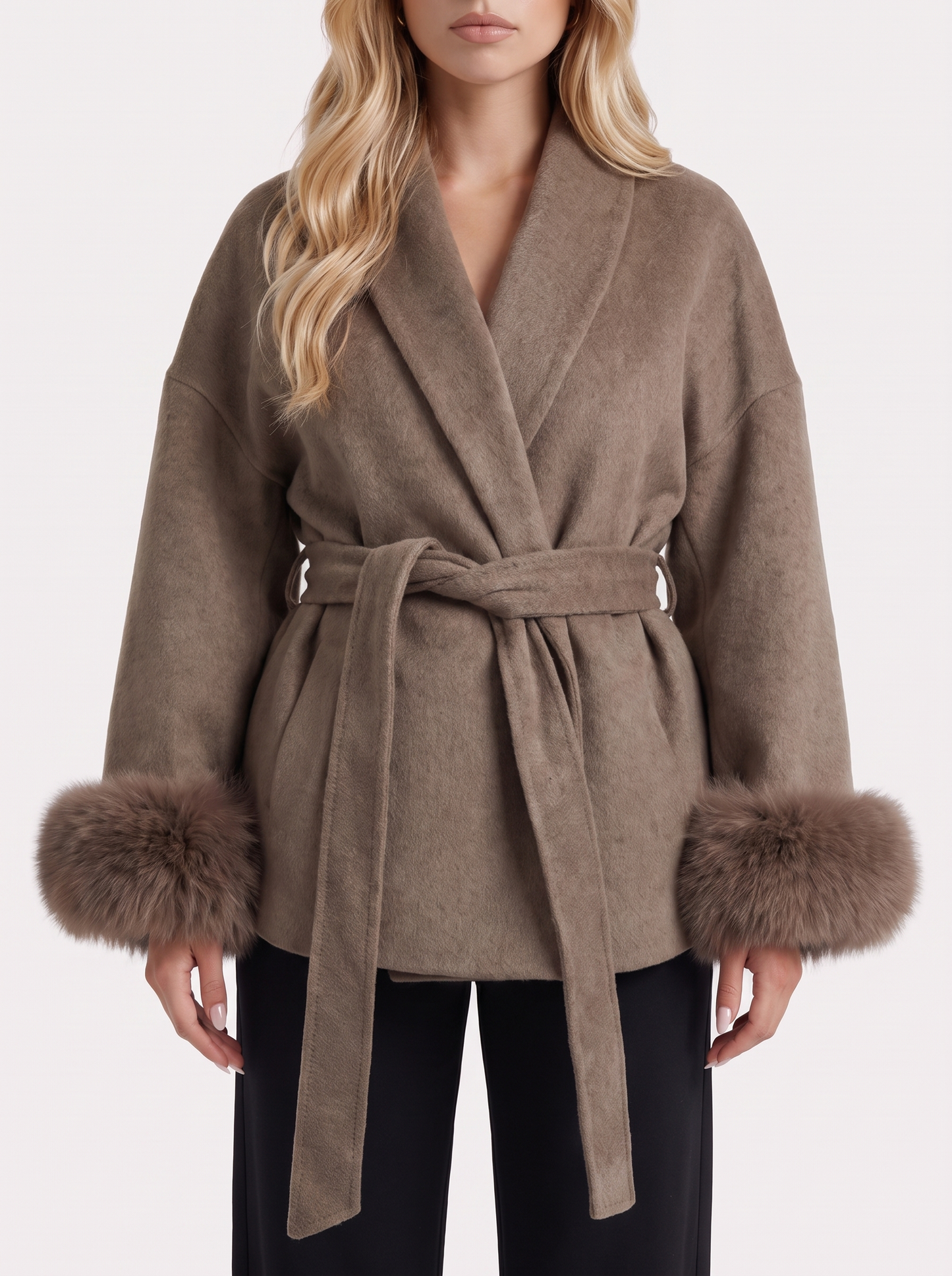 Women brown wool blend wrap jacket with shawl collar, tie belt and faux fur cuffs, fabric closeup