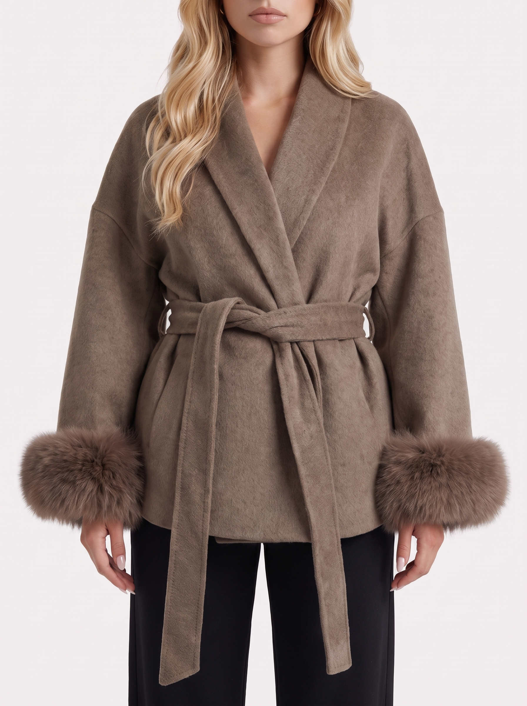 Women brown wool blend wrap jacket with shawl collar, tie belt and faux fur cuffs, fabric closeup