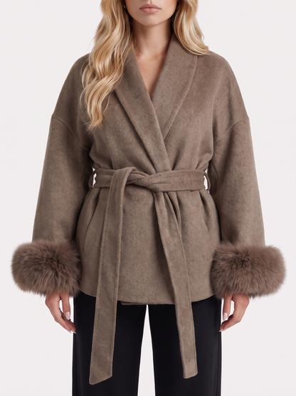Women brown wool blend wrap jacket with shawl collar, tie belt and faux fur cuffs, fabric closeup