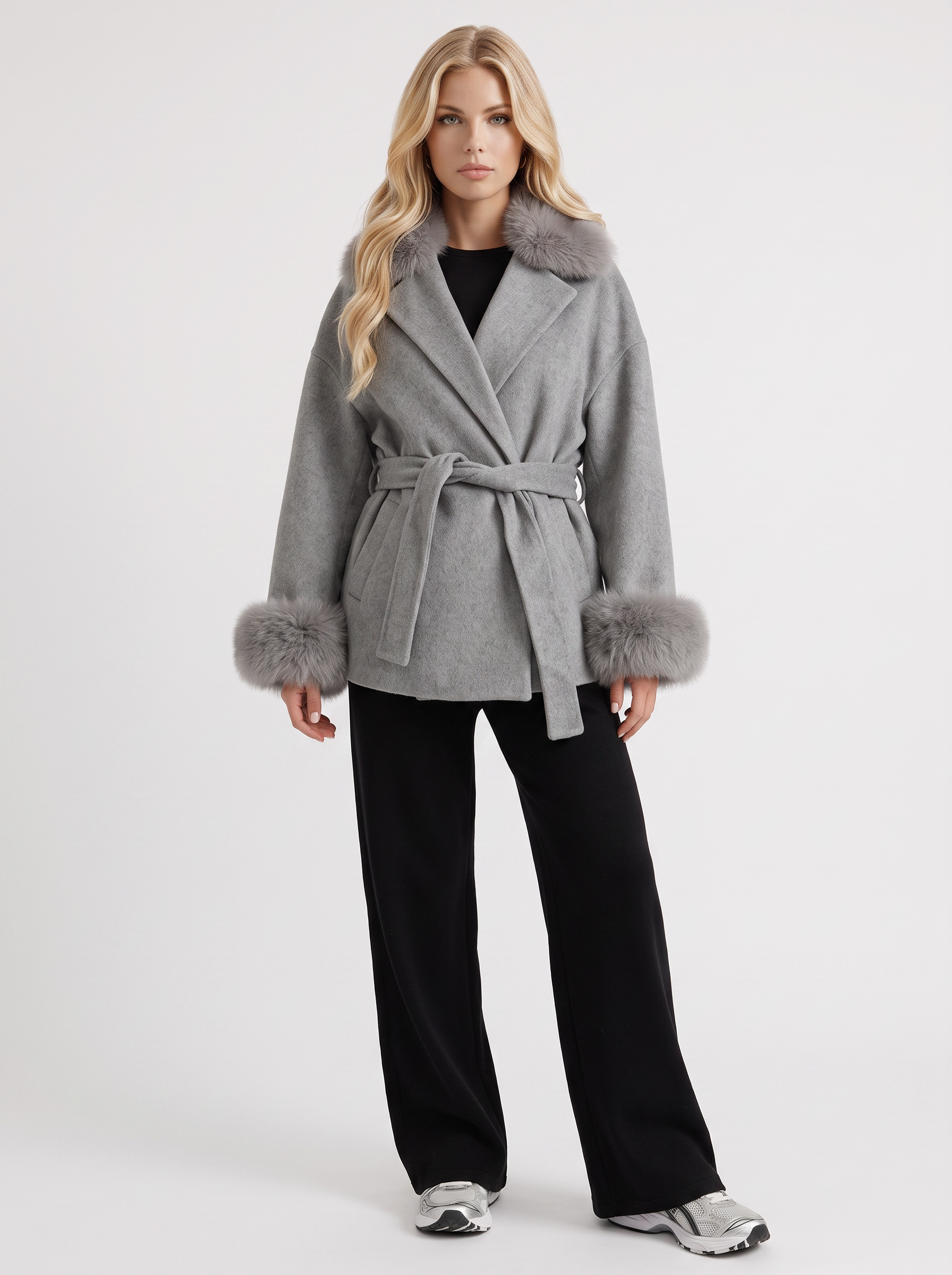Women gray wool blend wrap jacket with shawl collar, tie belt and faux fur cuffs, front view
