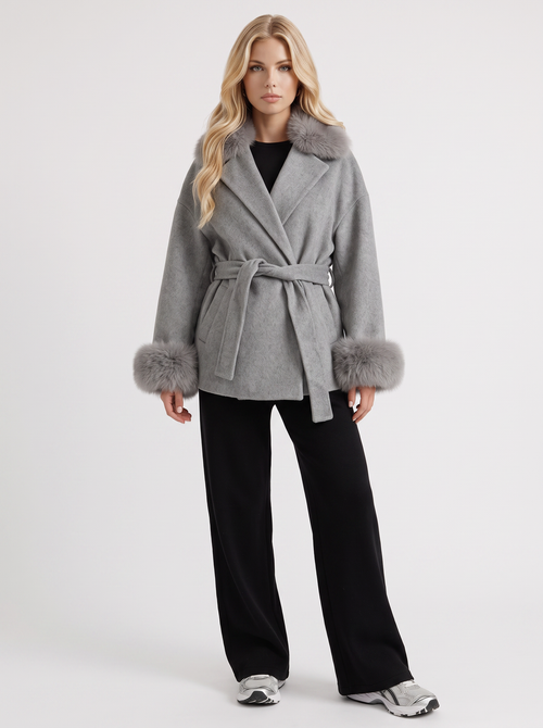 Women gray wool blend wrap jacket with shawl collar, tie belt and faux fur cuffs, front view
