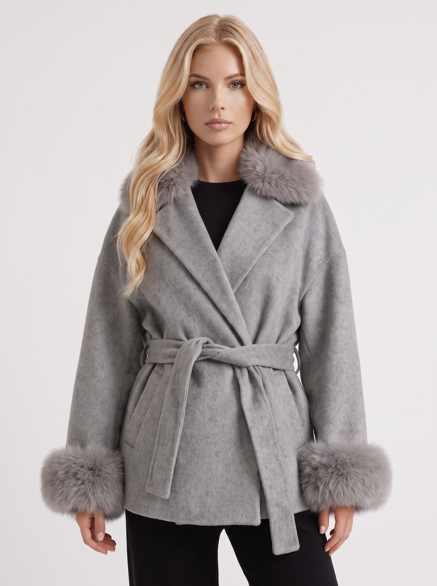 Women gray wool blend wrap jacket with shawl collar, tie belt and faux fur cuffs, front detail