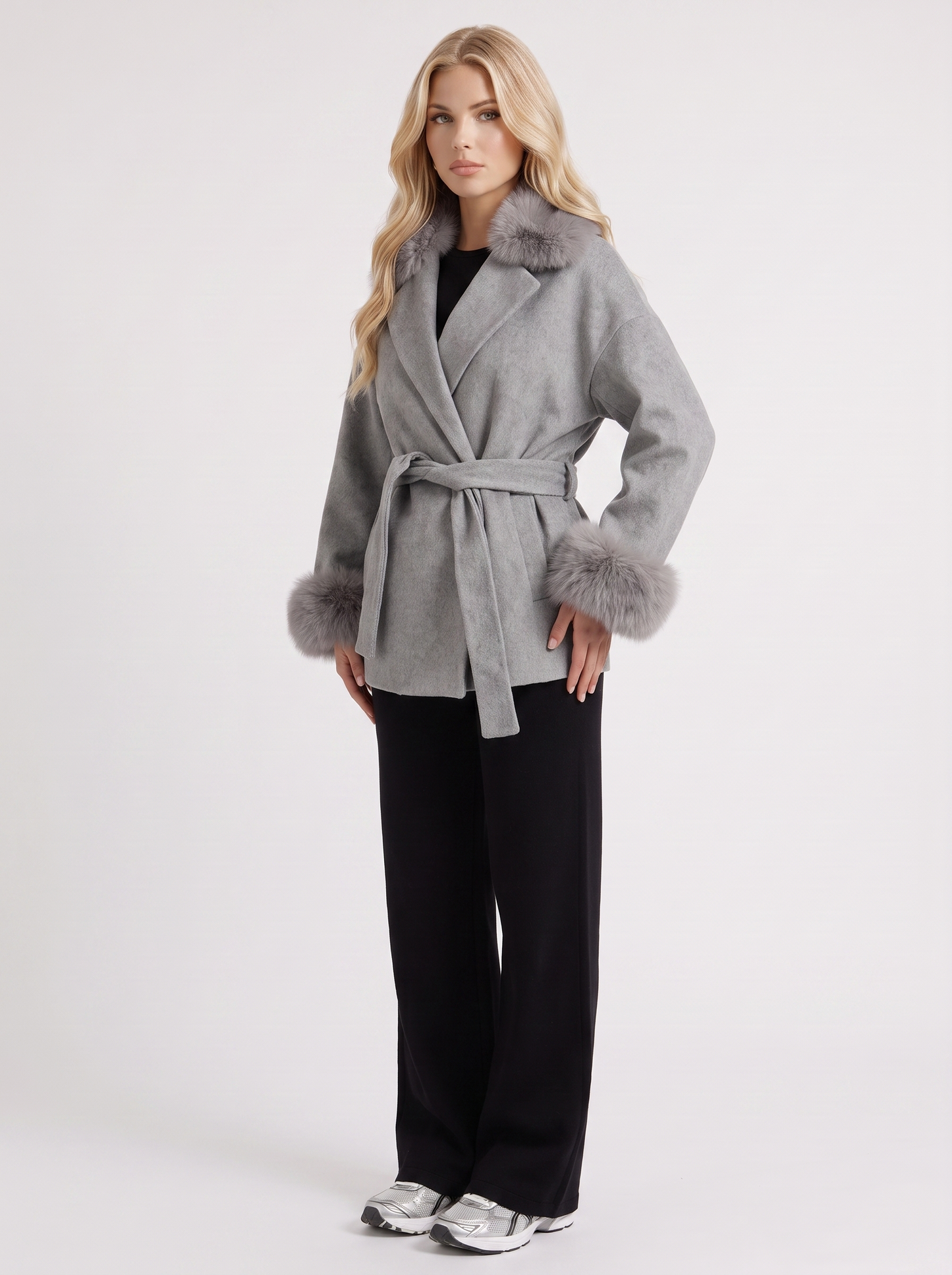 Women gray wool blend wrap jacket with shawl collar, tie belt and faux fur cuffs, three quarter view