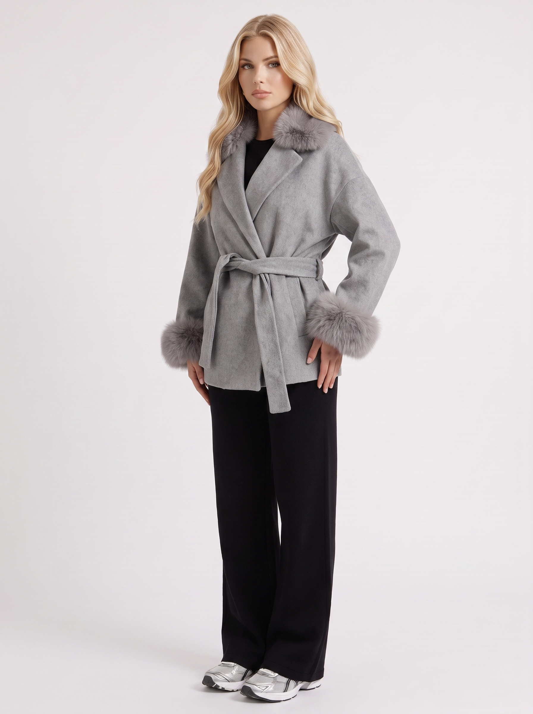 Women gray wool blend wrap jacket with shawl collar, tie belt and faux fur cuffs, three quarter view