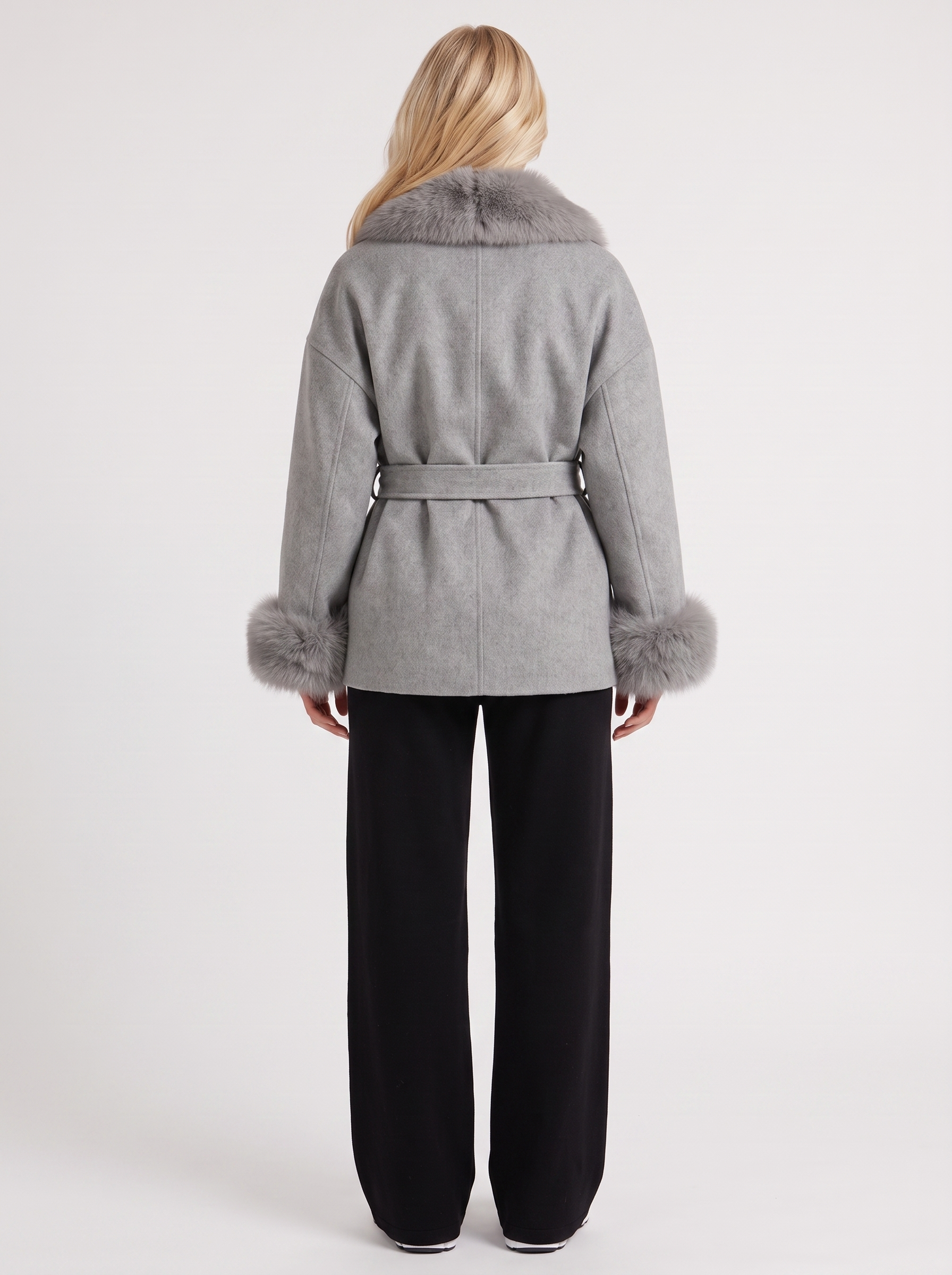 Women gray wool blend wrap jacket with shawl collar, tie belt and faux fur cuffs, back view
