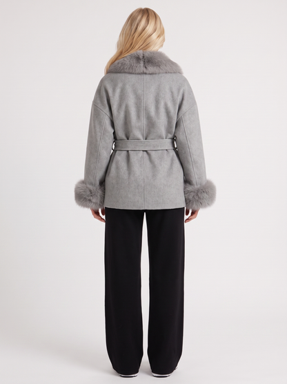 Women gray wool blend wrap jacket with shawl collar, tie belt and faux fur cuffs, back view