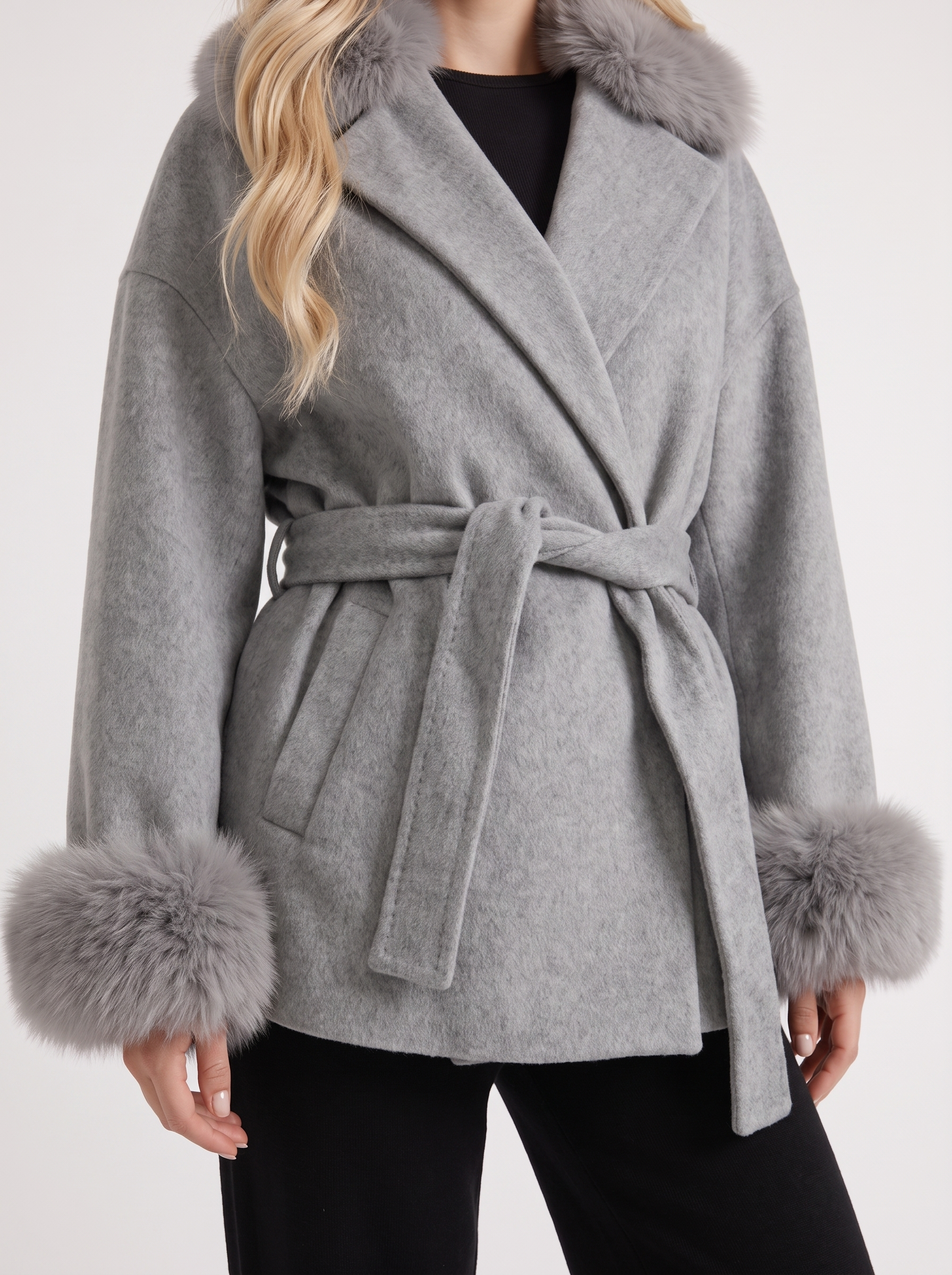 Women gray wool blend wrap jacket with shawl collar, tie belt and faux fur cuffs, fabric closeup