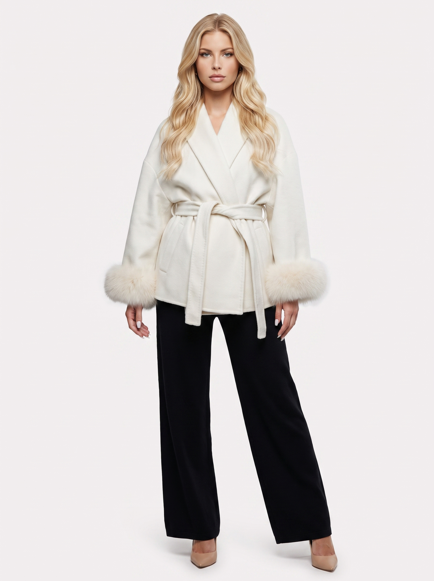 Women white wool blend wrap jacket with shawl collar, tie belt and faux fur cuffs, front view
